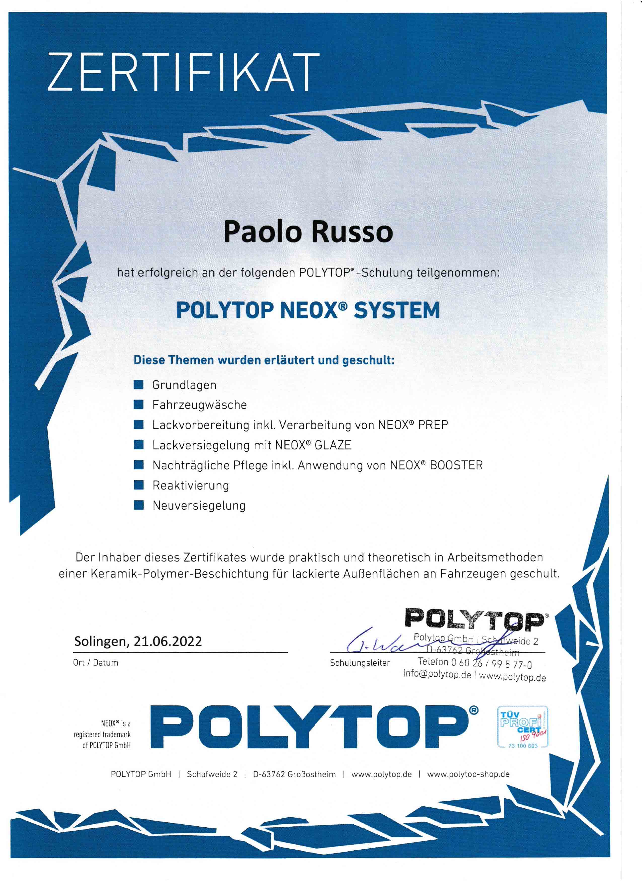 Autopflege Zertifikat von POLYTOP